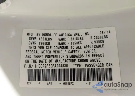 2015 Honda Accord Ex-L from USA, damaged, VIN 1HGCR2F80FA004839